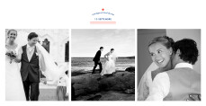 Carte de remerciement mariage Marinière 3 photos bleu marine & pompon rouge