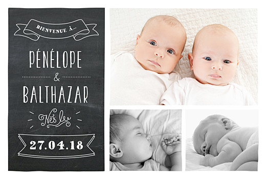 Faire-part de naissance Ardoise jumeaux noir Faire-part de naissance Ardoise jumeaux noir