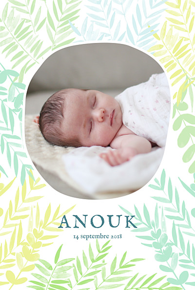 Faire-part de naissance Feuillage portrait photo vert finition Faire-part de naissance Feuillage portrait photo vert finition