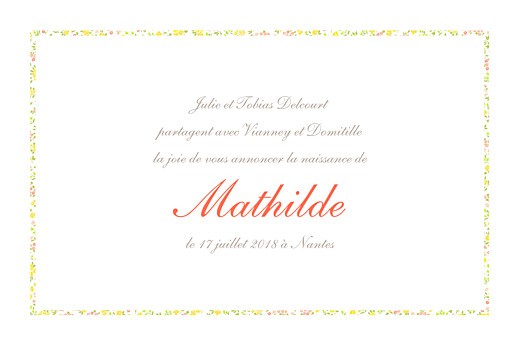 Faire-part de naissance Liberty tradition 2 photos jaune & corail Faire-part de naissance Liberty tradition 2 photos jaune & corail