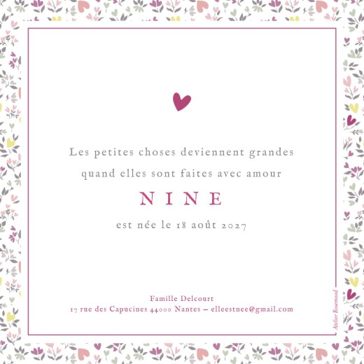 Faire-part de naissance Liberty coeur prune - Verso Faire-part de naissance Liberty coeur prune - Verso