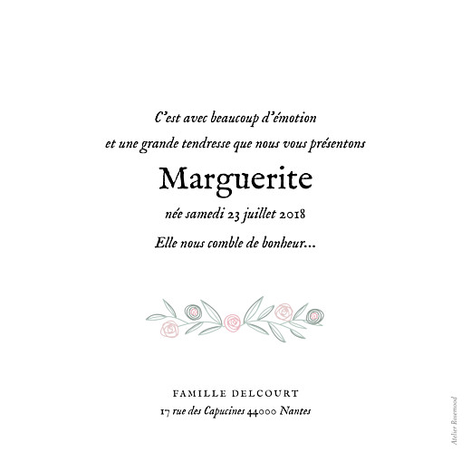 Faire-part de naissance Douceur champêtre blanc rose - Verso