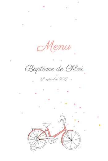 Menu de baptême À bicyclette corail - Recto Menu de baptême À bicyclette corail - Recto