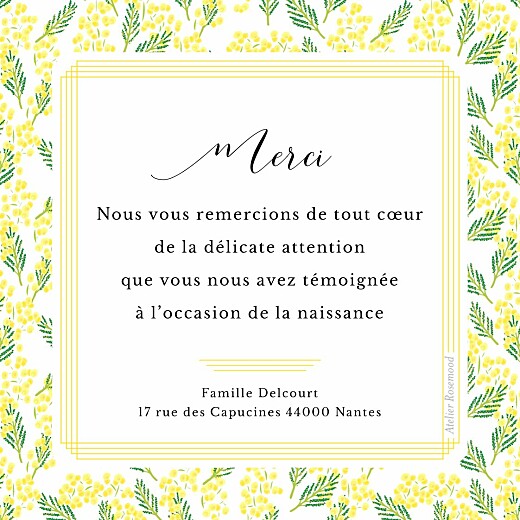 Carte de remerciement Petit mimosa photo jaune - Verso