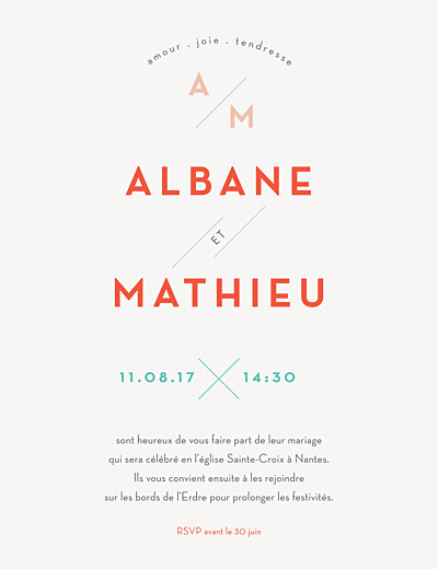 Faire-part de mariage Graphique orange et turquoise finition Faire-part de mariage Graphique orange et turquoise finition