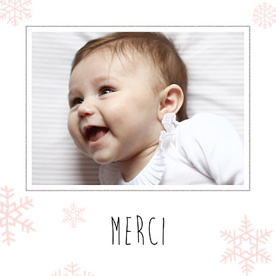 Carte de remerciement Merci flocons photo rose clair finition Carte de remerciement Merci flocons photo rose clair finition