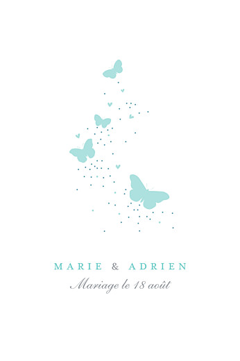 Carton d'invitation mariage Papillons (portrait) blanc et bleu