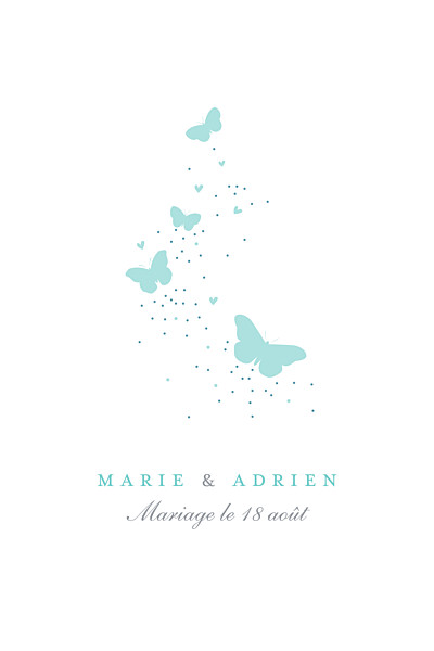 Carton d'invitation mariage Papillons (portrait) blanc et bleu finition