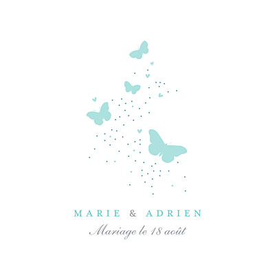 Carton d'invitation mariage Papillons carré blanc et bleu finition