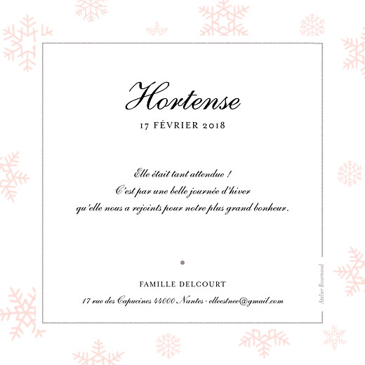Faire-part de naissance Premiers flocons rose clair - Verso Faire-part de naissance Premiers flocons rose clair - Verso