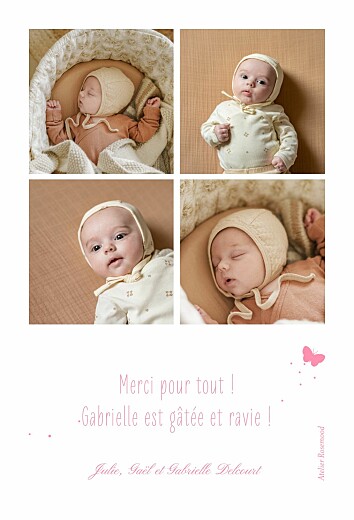 Carte de remerciement Merci papillon 4 photos rose - Verso Carte de remerciement Merci papillon 4 photos rose - Verso