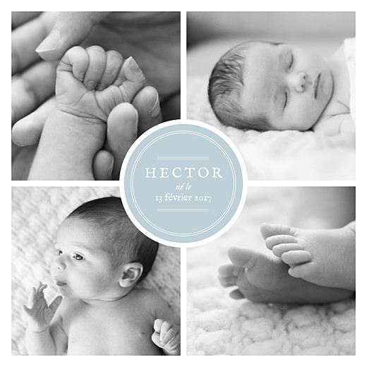 Faire-part de naissance Médaillon 4 photos (carré) bleu Faire-part de naissance Médaillon 4 photos (carré) bleu