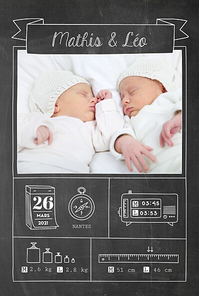 Faire-part de naissance Pictos ardoise jumeaux noir finition Faire-part de naissance Pictos ardoise jumeaux noir finition