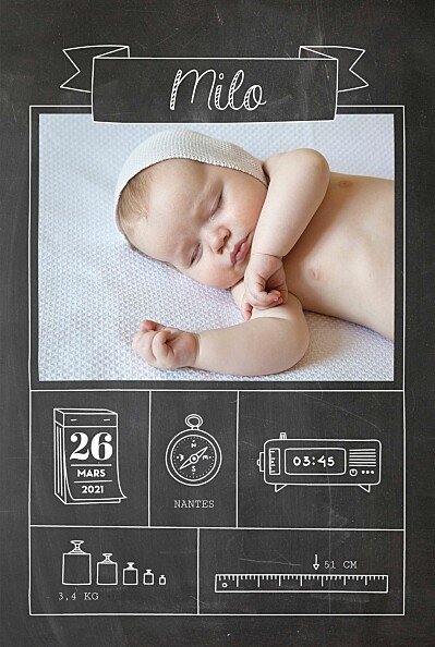 Faire-part de naissance Pictos ardoise 4 photos noir finition Faire-part de naissance Pictos ardoise 4 photos noir finition