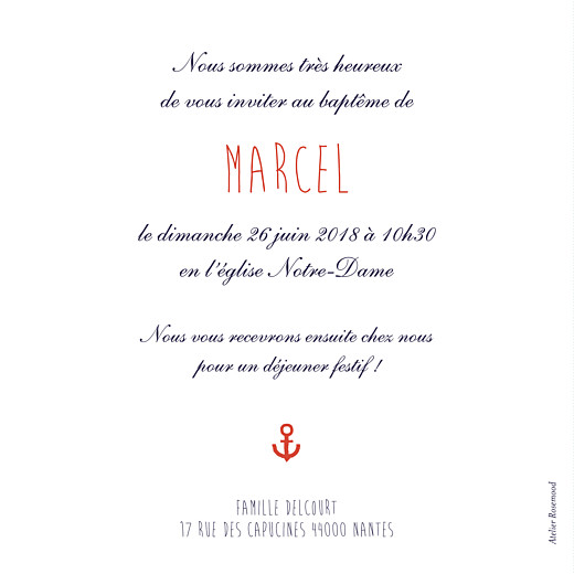 Faire-part de baptême Matelot bleu - Verso Faire-part de baptême Matelot bleu - Verso