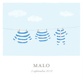 Faire-part de naissance Fil à linge marinières bleu