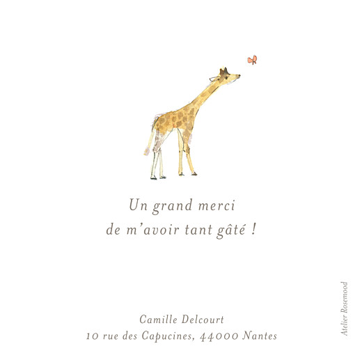 Carte de remerciement Petite girafe aquarelle blanc - Recto