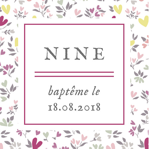 Etiquette perforée baptême Liberty cœur (carré) prune - Recto Etiquette perforée baptême Liberty cœur (carré) prune - Recto