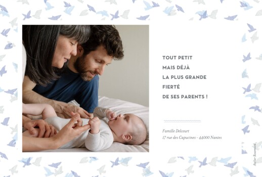 Faire-part de naissance Envolée d'oiseaux 2 photos RV bleu - Verso Faire-part de naissance Envolée d'oiseaux 2 photos RV bleu - Verso