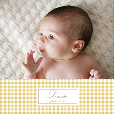 Faire-part de naissance Vichy 2 photos ocre finition Faire-part de naissance Vichy 2 photos ocre finition