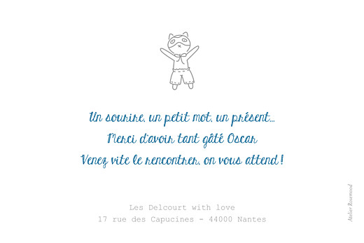 Carte de remerciement Merci petit doudou blanc - Verso Carte de remerciement Merci petit doudou blanc - Verso