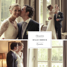 Carte de remerciement mariage Étiquette 3 photos carré blanc
