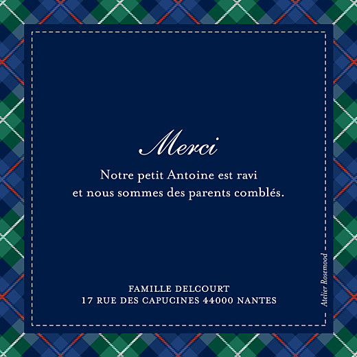 Carte de remerciement Petit écossais photo bleu & vert - Verso Carte de remerciement Petit écossais photo bleu & vert - Verso