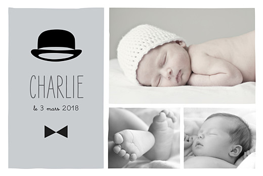 Faire-part de naissance Dandy paysage 3 photos gris Faire-part de naissance Dandy paysage 3 photos gris