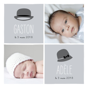 Faire-part de naissance Jumeaux Dandy & Coquette gris Faire-part de naissance Jumeaux Dandy & Coquette gris