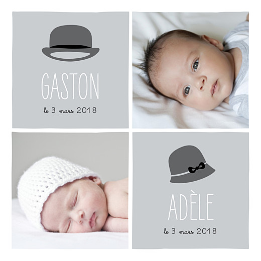 Faire-part de naissance Jumeaux dandy & coquette gris Faire-part de naissance Jumeaux dandy & coquette gris