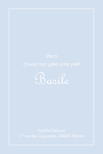 Carte de remerciement Merci classique liseré portrait bleu layette - Recto