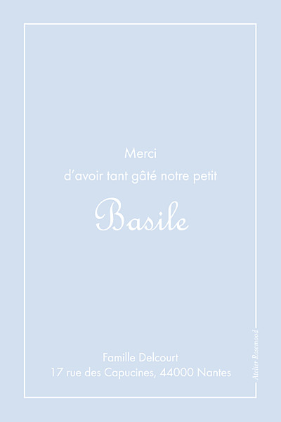Carte de remerciement Merci classique liseré portrait bleu layette finition Carte de remerciement Merci classique liseré portrait bleu layette finition