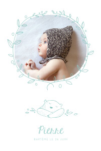 Faire-part de baptême Petit ours photo vert d'eau Faire-part de baptême Petit ours photo vert d'eau