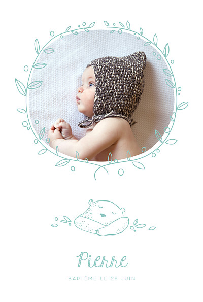 Faire-part de baptême Petit ours photo vert d'eau finition Faire-part de baptême Petit ours photo vert d'eau finition