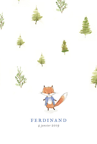 Faire-part de naissance Renard aquarelle 3 photos bleu finition Faire-part de naissance Renard aquarelle 3 photos bleu finition