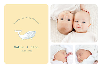 Faire-part de naissance Baleine extraordinaire twins jaune finition Faire-part de naissance Baleine extraordinaire twins jaune finition
