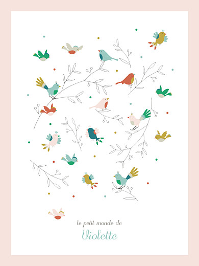 Affichette Oiseaux multicolores rose - Recto Affichette Oiseaux multicolores rose - Recto