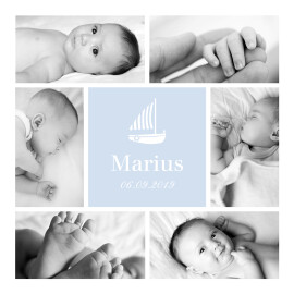 Carte de remerciement Merci petit voilier 6 photos bleu layette