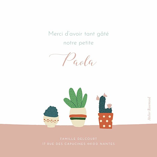 Carte de remerciement Merci cacti cactus photo rose - Verso