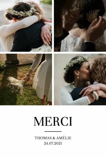 Carte de remerciement mariage Élégant 4 photos blanc