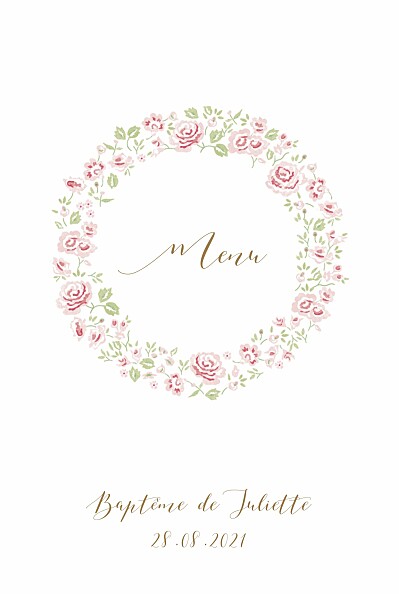 Menu de baptême Couronne de roses blanc finition Menu de baptême Couronne de roses blanc finition
