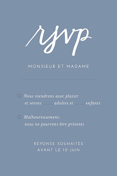 Carton réponse mariage Lettres d'amour bleu finition Carton réponse mariage Lettres d'amour bleu finition