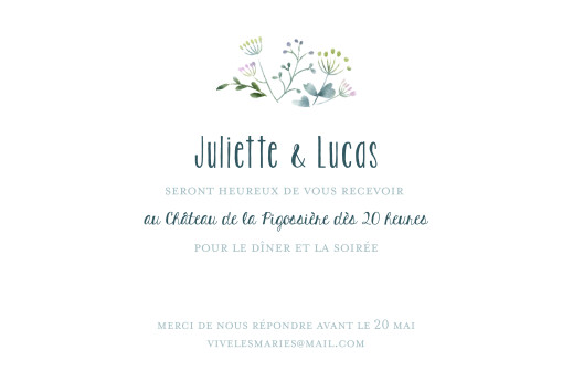 Carton d'invitation mariage Bouquet sauvage bleu - Recto