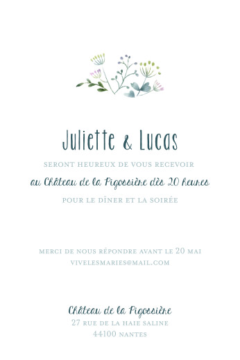Carton d'invitation mariage Bouquet sauvage (portrait) bleu - Recto