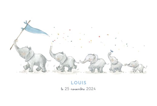 Faire-part de naissance 5 éléphants en famille bleu - Page 1