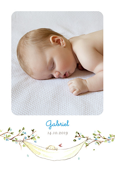 Faire-part de naissance Sur la branche portrait bleu finition Faire-part de naissance Sur la branche portrait bleu finition