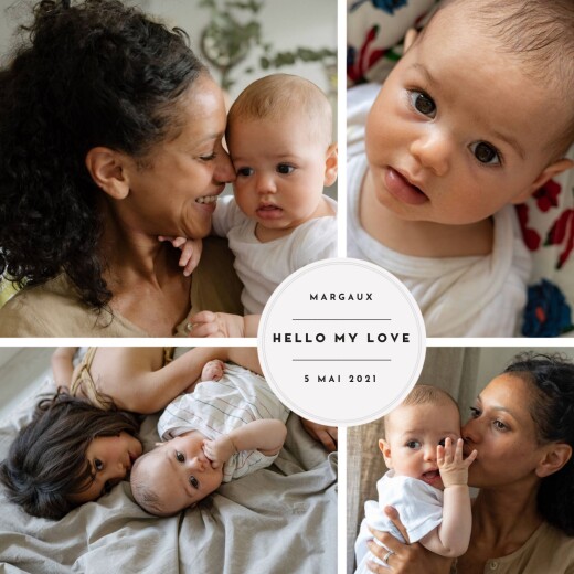 Faire-part de naissance Médaillon chic 4 photos RV blanc - Recto Faire-part de naissance Médaillon chic 4 photos RV blanc - Recto