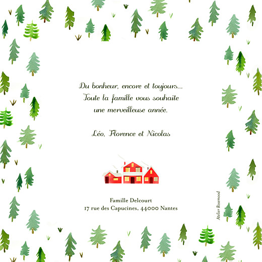Carte de voeux Forêt de sapins vert rouge - Verso