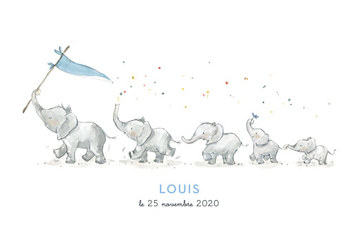 Faire-part de naissance 5 éléphants en famille RV bleu - Recto