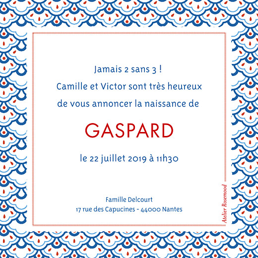 Faire-part de naissance Petit pattern (triptyque) bleu, blanc & rouge Faire-part de naissance Petit pattern (triptyque) bleu, blanc & rouge